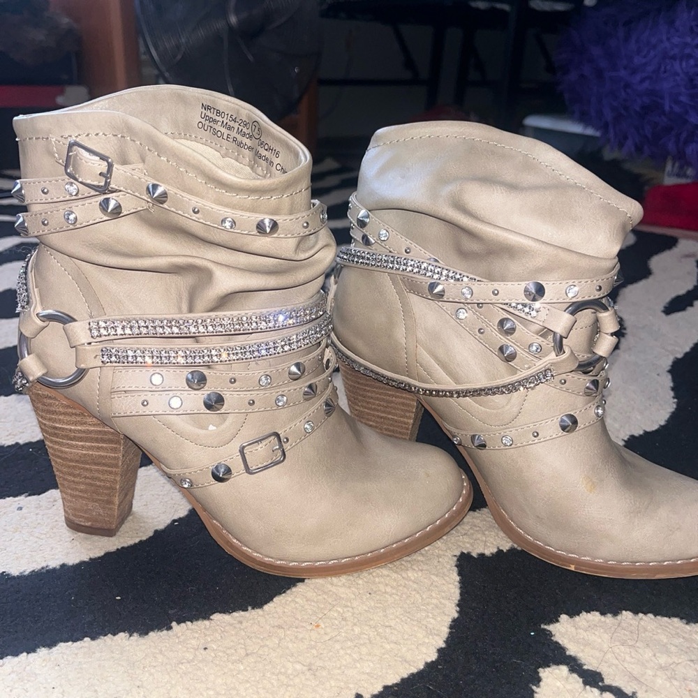 Not Rated brand cream and silver studded heeled ankle boots